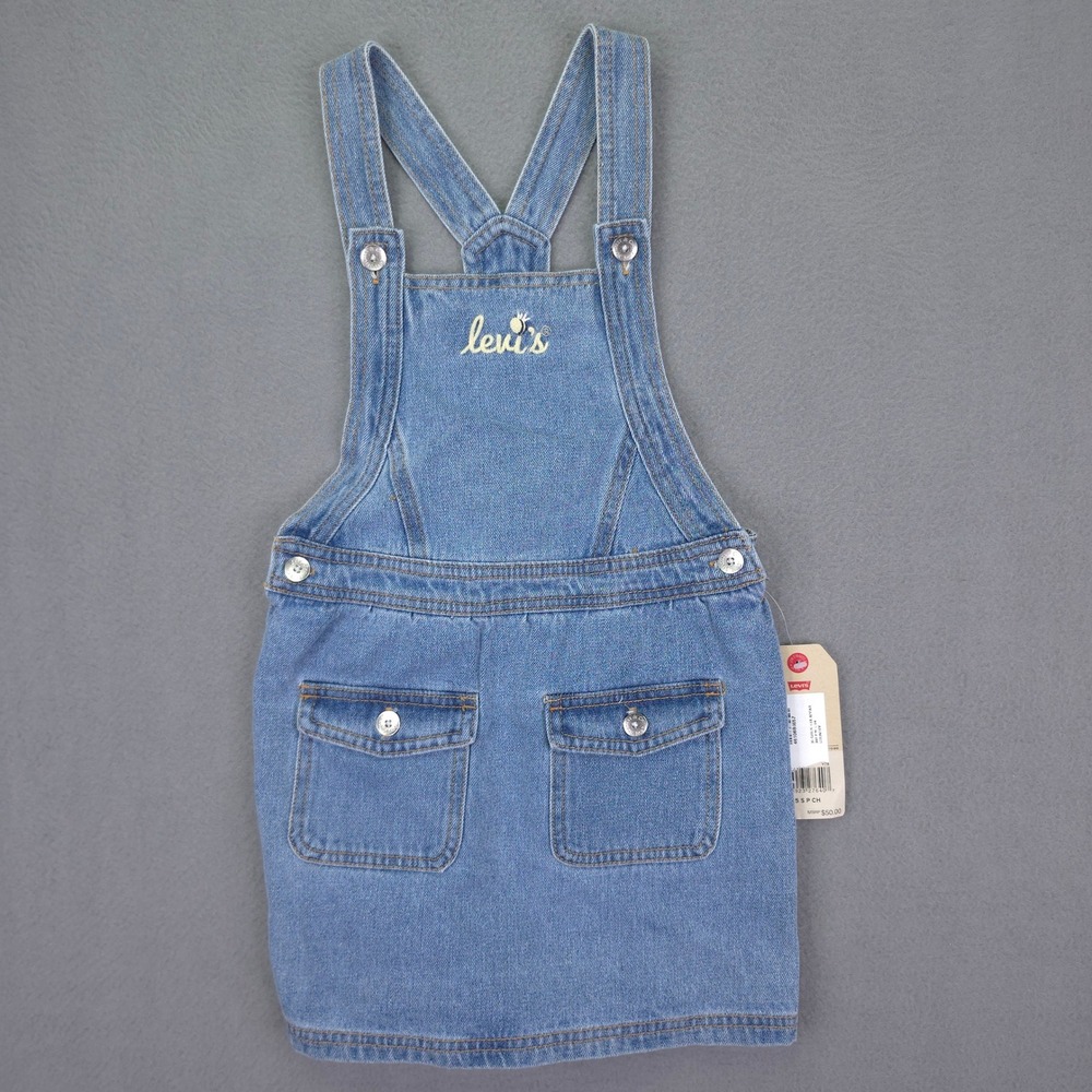 Levi's Girls Denim Overall Dress Bee Logo Blue Size 5 Cotton Pinafore Jumper